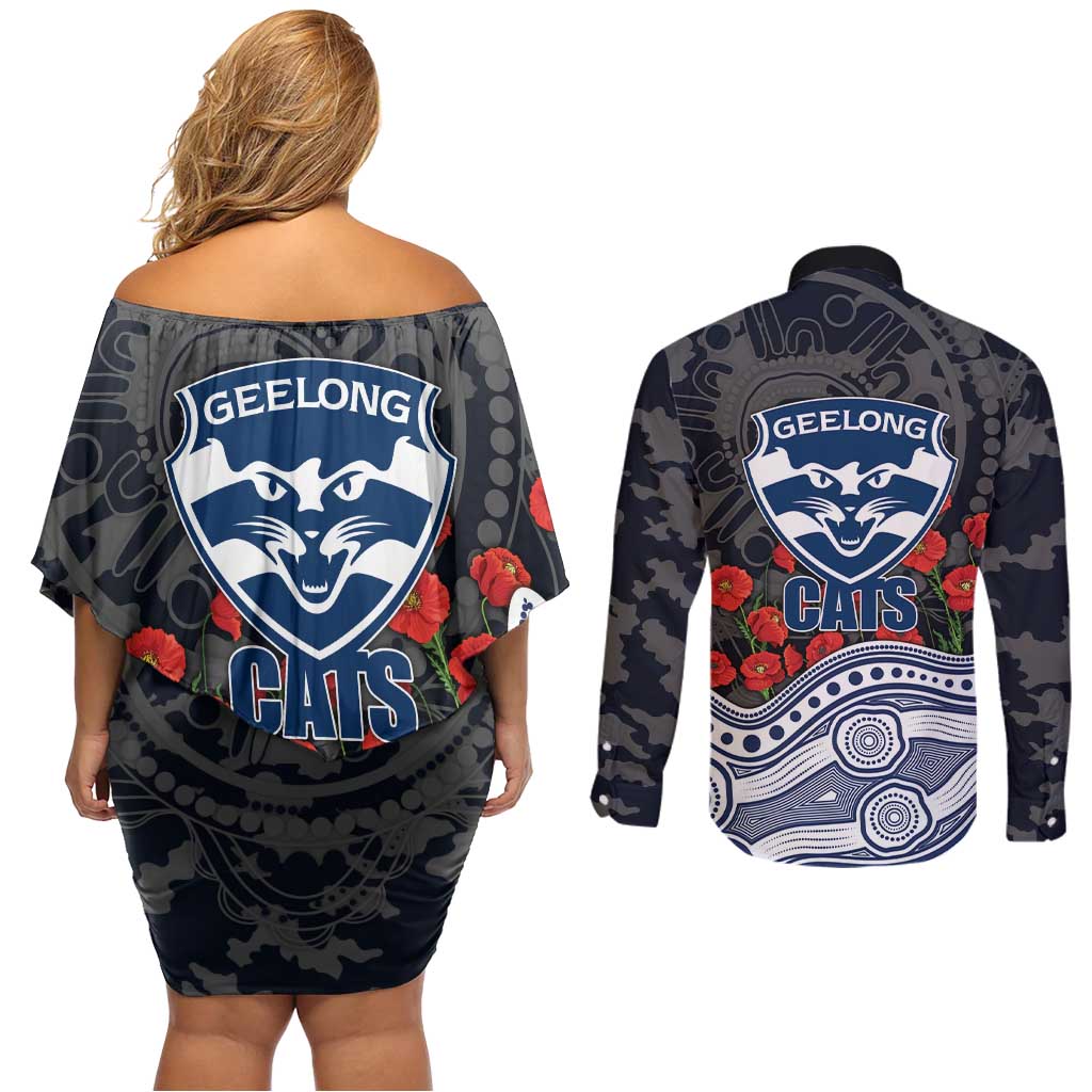 Geelong Cats ANZAC Day Couples Matching Off Shoulder Short Dress and Long Sleeve Button Shirt Indigenous Dot Art with Poppy Flower Tribute