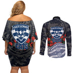 Geelong Cats ANZAC Day Couples Matching Off Shoulder Short Dress and Long Sleeve Button Shirt Indigenous Dot Art with Poppy Flower Tribute