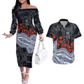 Geelong Cats ANZAC Day Couples Matching Off The Shoulder Long Sleeve Dress and Hawaiian Shirt Indigenous Dot Art with Poppy Flower Tribute