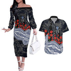 Geelong Cats ANZAC Day Couples Matching Off The Shoulder Long Sleeve Dress and Hawaiian Shirt Indigenous Dot Art with Poppy Flower Tribute