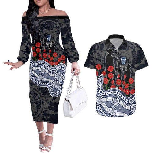 Geelong Cats ANZAC Day Couples Matching Off The Shoulder Long Sleeve Dress and Hawaiian Shirt Indigenous Dot Art with Poppy Flower Tribute