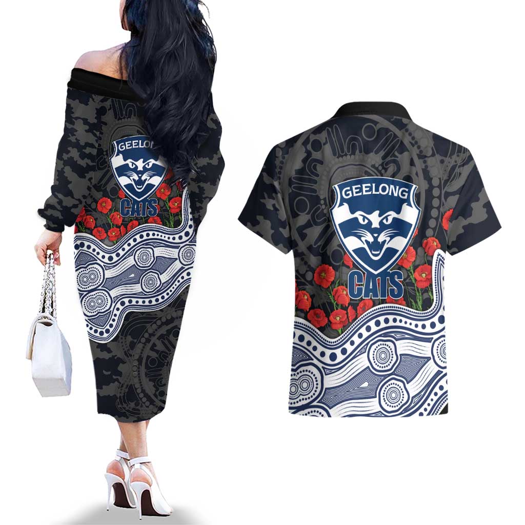 Geelong Cats ANZAC Day Couples Matching Off The Shoulder Long Sleeve Dress and Hawaiian Shirt Indigenous Dot Art with Poppy Flower Tribute