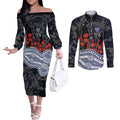 Geelong Cats ANZAC Day Couples Matching Off The Shoulder Long Sleeve Dress and Long Sleeve Button Shirt Indigenous Dot Art with Poppy Flower Tribute