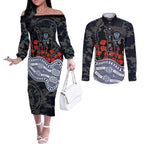 Geelong Cats ANZAC Day Couples Matching Off The Shoulder Long Sleeve Dress and Long Sleeve Button Shirt Indigenous Dot Art with Poppy Flower Tribute