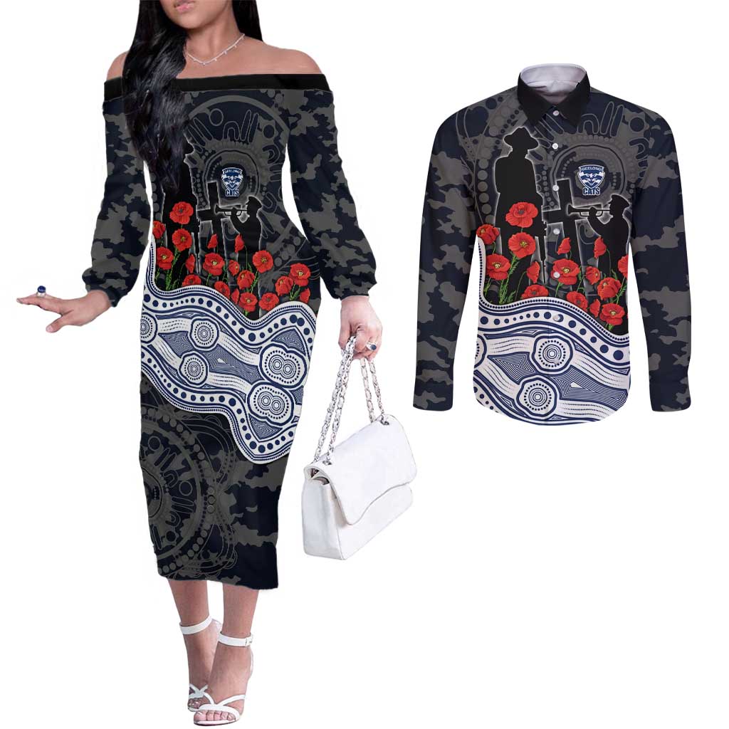 Geelong Cats ANZAC Day Couples Matching Off The Shoulder Long Sleeve Dress and Long Sleeve Button Shirt Indigenous Dot Art with Poppy Flower Tribute