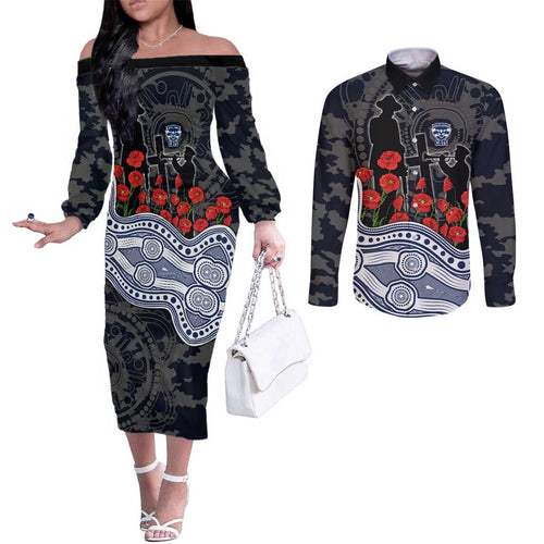 Geelong Cats ANZAC Day Couples Matching Off The Shoulder Long Sleeve Dress and Long Sleeve Button Shirt Indigenous Dot Art with Poppy Flower Tribute