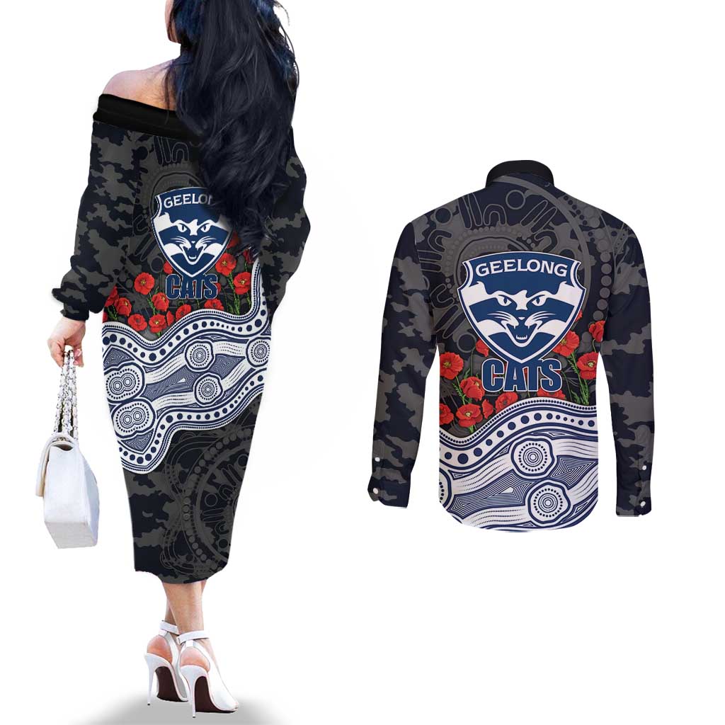 Geelong Cats ANZAC Day Couples Matching Off The Shoulder Long Sleeve Dress and Long Sleeve Button Shirt Indigenous Dot Art with Poppy Flower Tribute