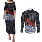 Geelong Cats ANZAC Day Couples Matching Puletasi and Long Sleeve Button Shirt Indigenous Dot Art with Poppy Flower Tribute