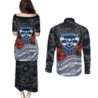 Geelong Cats ANZAC Day Couples Matching Puletasi and Long Sleeve Button Shirt Indigenous Dot Art with Poppy Flower Tribute