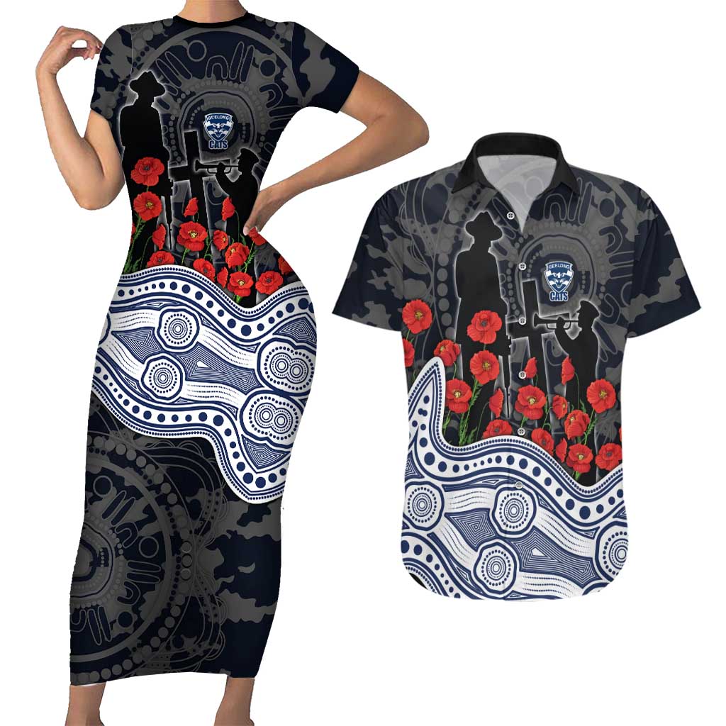 Geelong Cats ANZAC Day Couples Matching Short Sleeve Bodycon Dress and Hawaiian Shirt Indigenous Dot Art with Poppy Flower Tribute