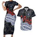 Geelong Cats ANZAC Day Couples Matching Short Sleeve Bodycon Dress and Hawaiian Shirt Indigenous Dot Art with Poppy Flower Tribute