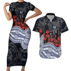 Geelong Cats ANZAC Day Couples Matching Short Sleeve Bodycon Dress and Hawaiian Shirt Indigenous Dot Art with Poppy Flower Tribute