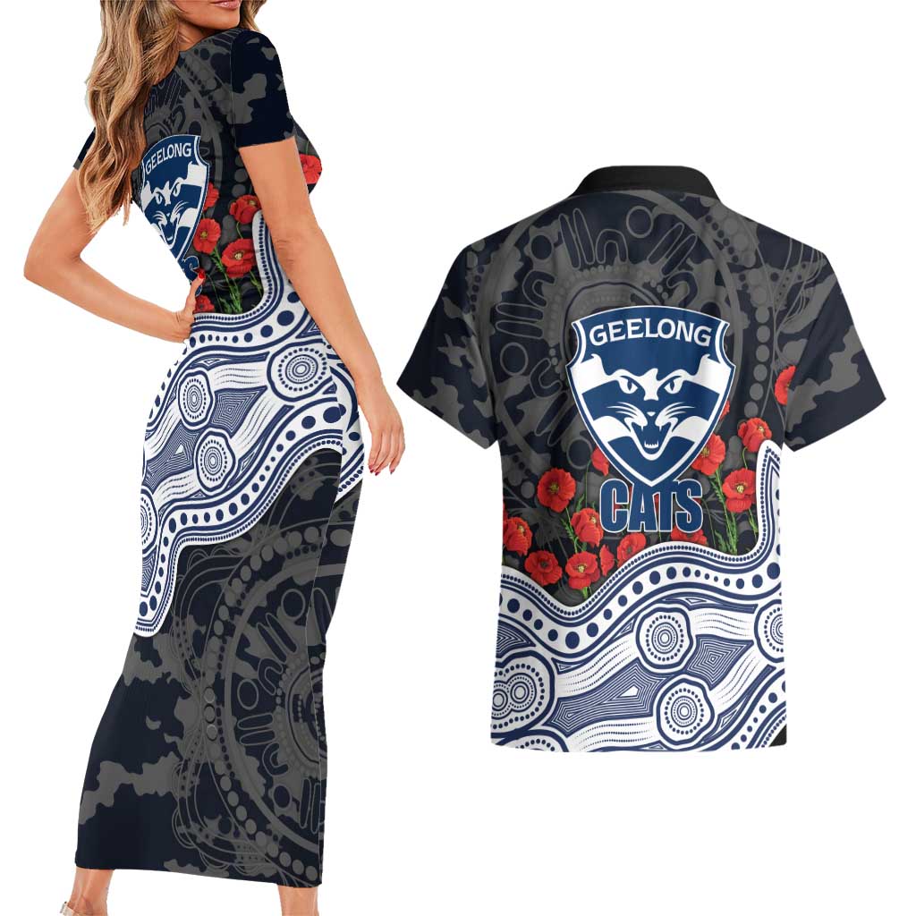 Geelong Cats ANZAC Day Couples Matching Short Sleeve Bodycon Dress and Hawaiian Shirt Indigenous Dot Art with Poppy Flower Tribute