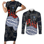 Geelong Cats ANZAC Day Couples Matching Short Sleeve Bodycon Dress and Long Sleeve Button Shirt Indigenous Dot Art with Poppy Flower Tribute