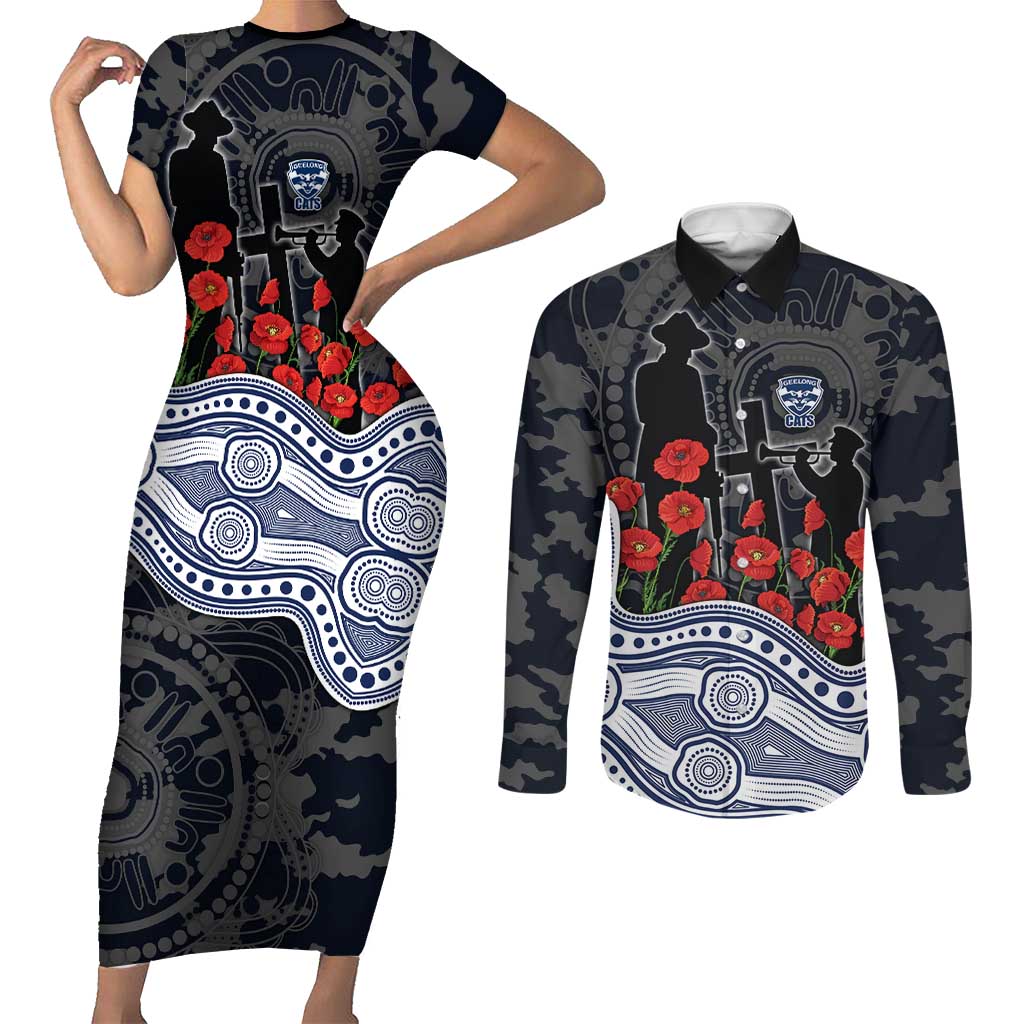 Geelong Cats ANZAC Day Couples Matching Short Sleeve Bodycon Dress and Long Sleeve Button Shirt Indigenous Dot Art with Poppy Flower Tribute