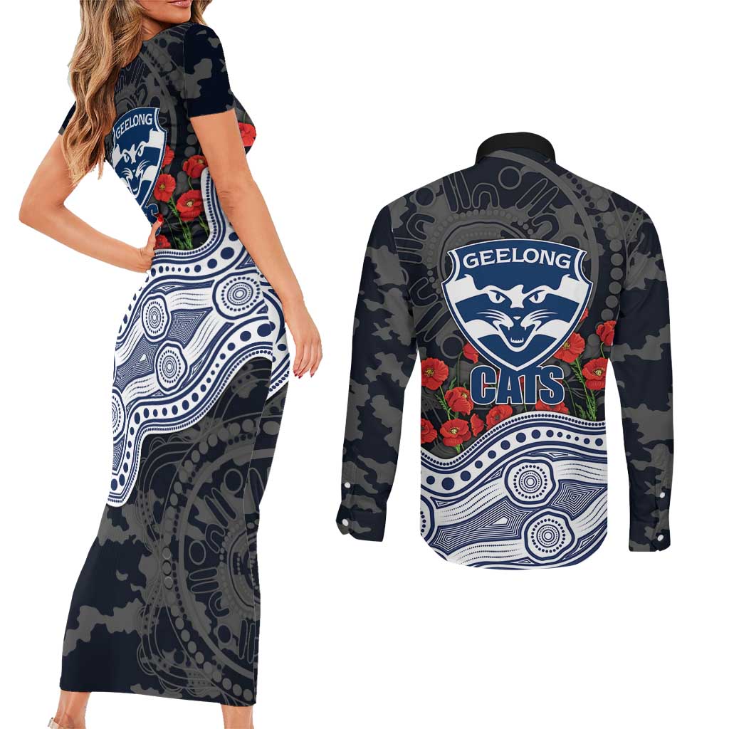 Geelong Cats ANZAC Day Couples Matching Short Sleeve Bodycon Dress and Long Sleeve Button Shirt Indigenous Dot Art with Poppy Flower Tribute