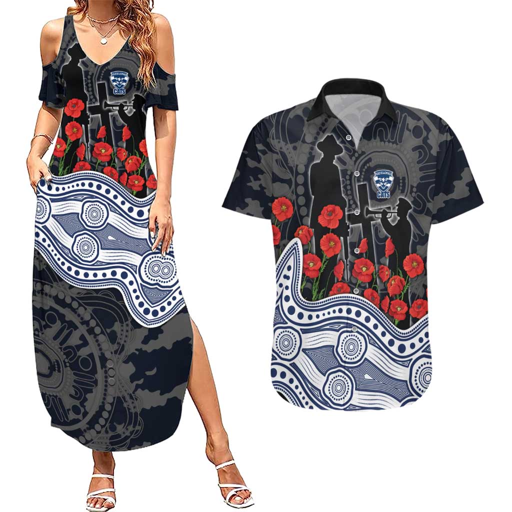 Geelong Cats ANZAC Day Couples Matching Summer Maxi Dress and Hawaiian Shirt Indigenous Dot Art with Poppy Flower Tribute