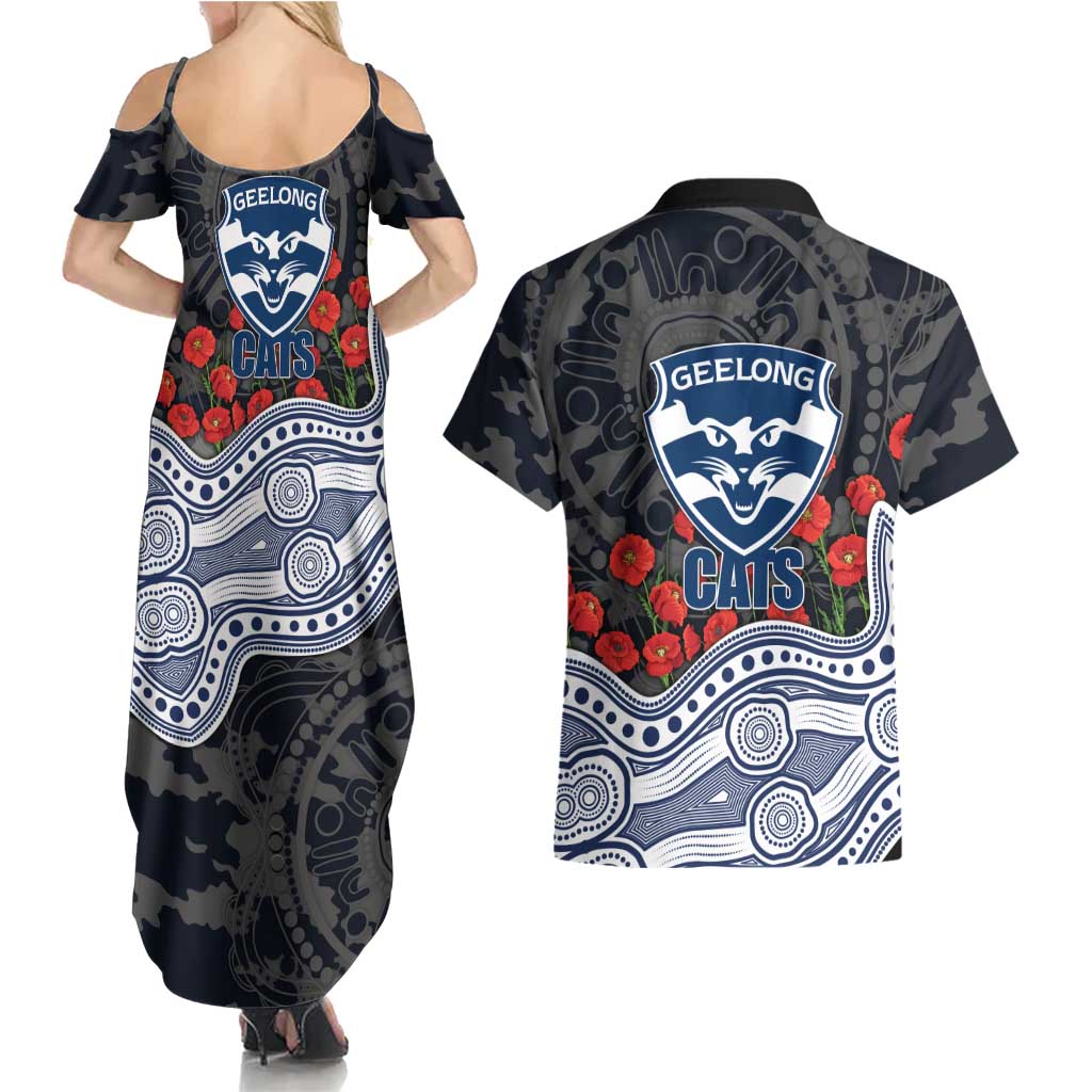 Geelong Cats ANZAC Day Couples Matching Summer Maxi Dress and Hawaiian Shirt Indigenous Dot Art with Poppy Flower Tribute