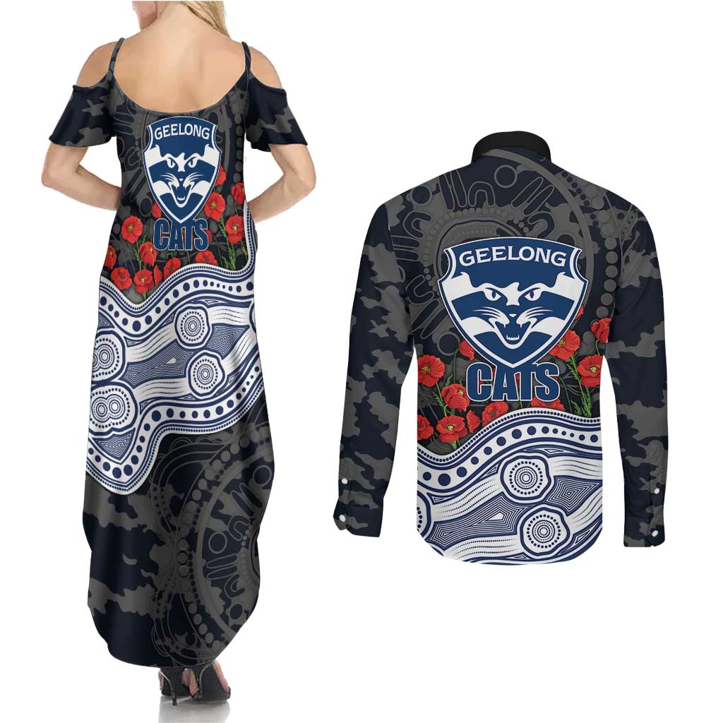 Geelong Cats ANZAC Day Couples Matching Summer Maxi Dress and Long Sleeve Button Shirt Indigenous Dot Art with Poppy Flower Tribute