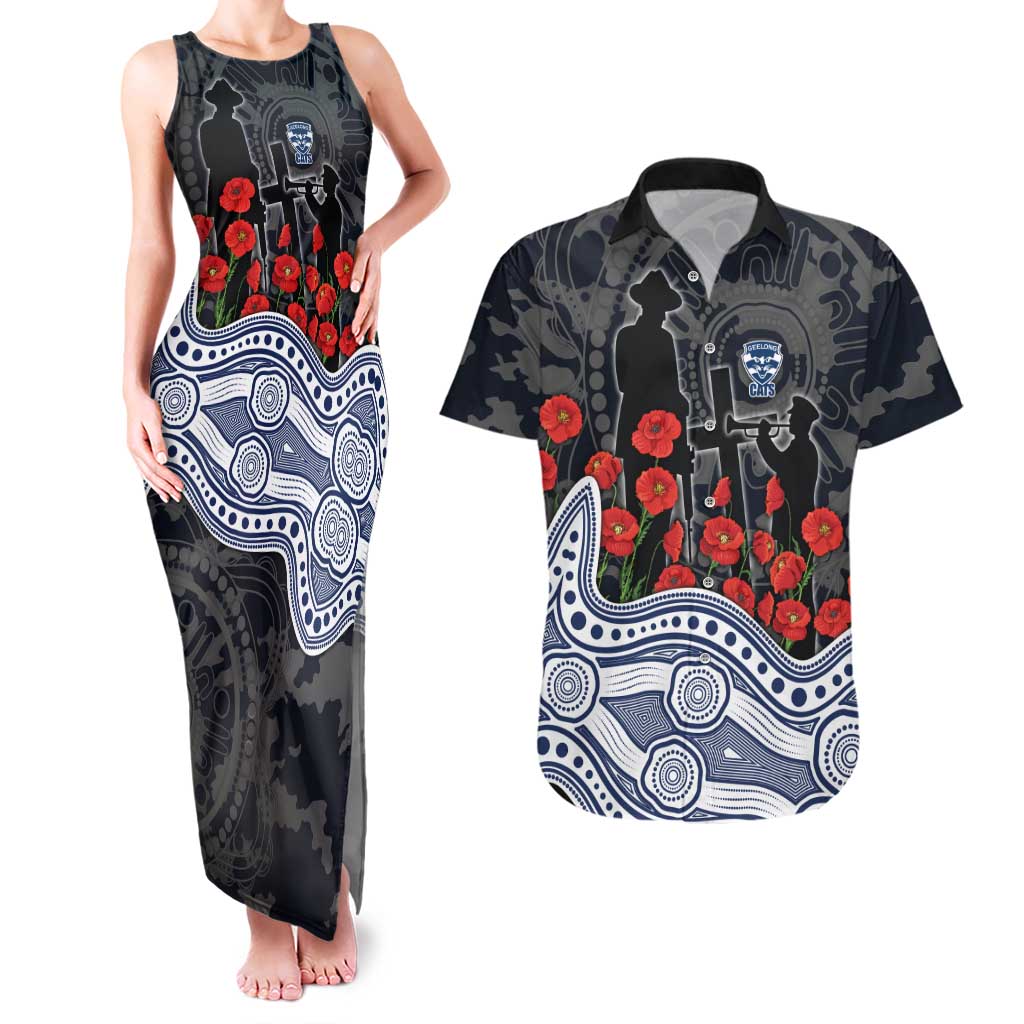 Geelong Cats ANZAC Day Couples Matching Tank Maxi Dress and Hawaiian Shirt Indigenous Dot Art with Poppy Flower Tribute