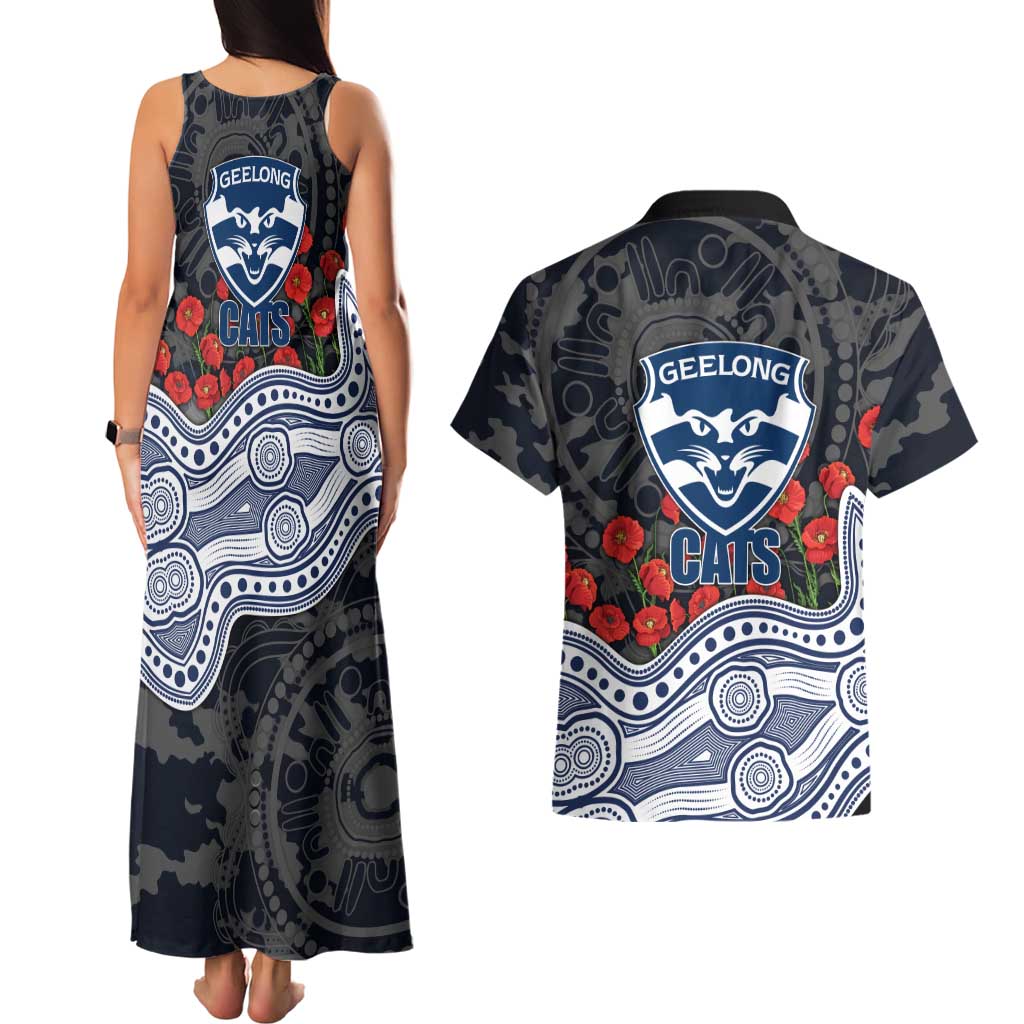 Geelong Cats ANZAC Day Couples Matching Tank Maxi Dress and Hawaiian Shirt Indigenous Dot Art with Poppy Flower Tribute