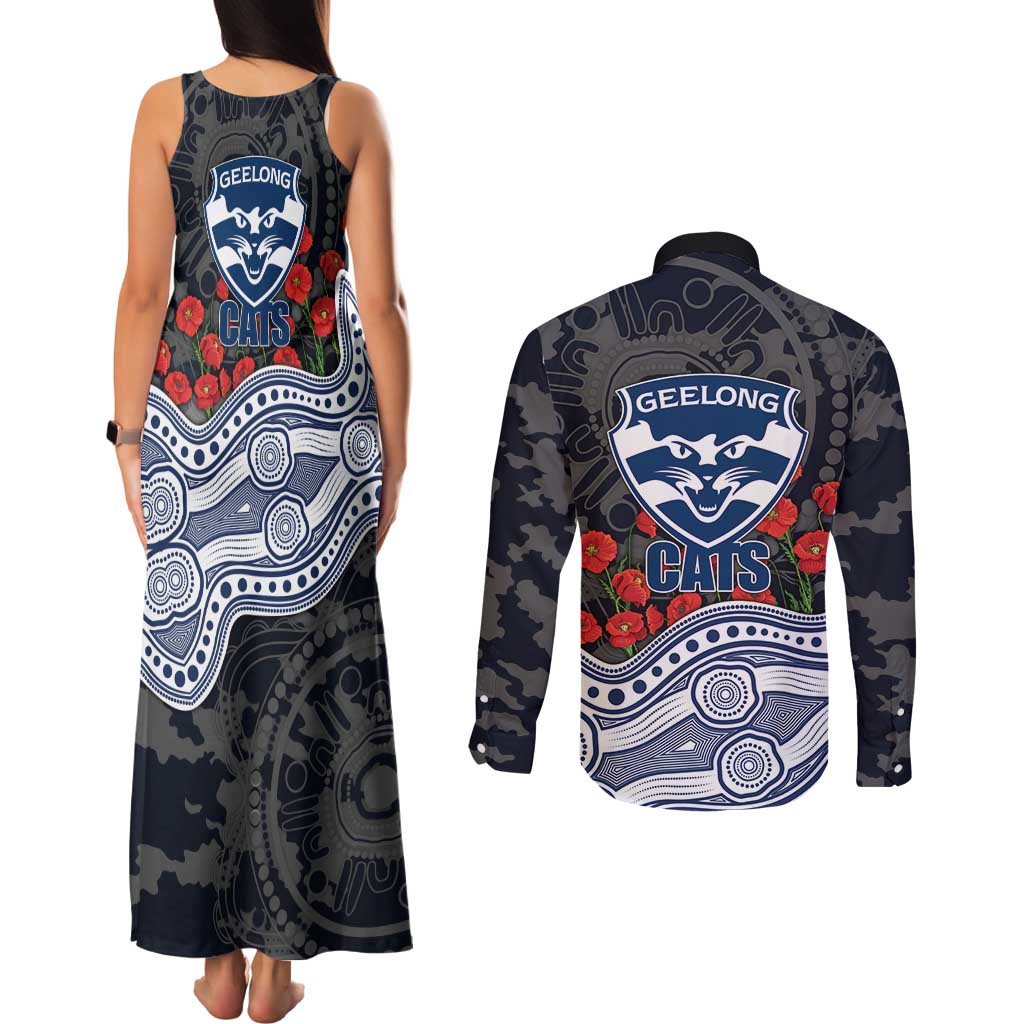Geelong Cats ANZAC Day Couples Matching Tank Maxi Dress and Long Sleeve Button Shirt Indigenous Dot Art with Poppy Flower Tribute