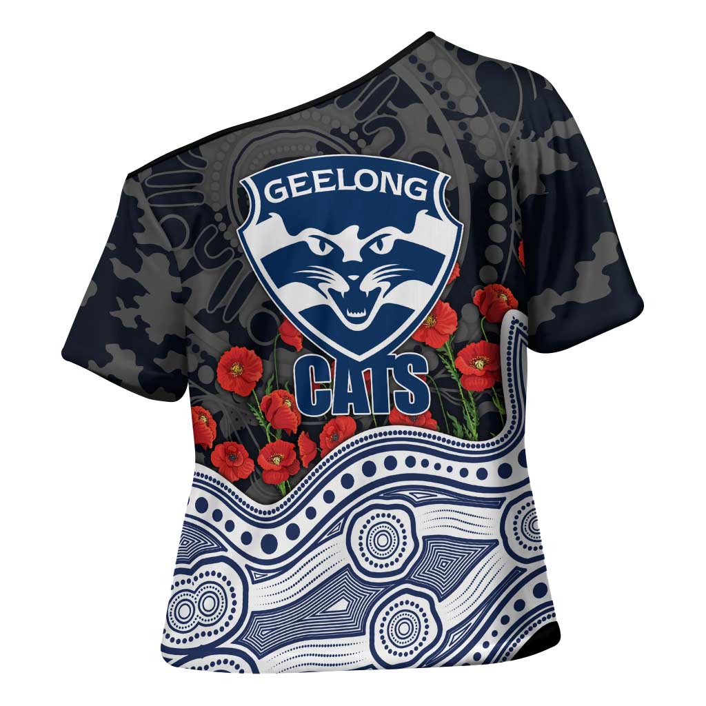 Geelong Cats ANZAC Day Cross Shoulder Shirt Indigenous Dot Art with Poppy Flower Tribute