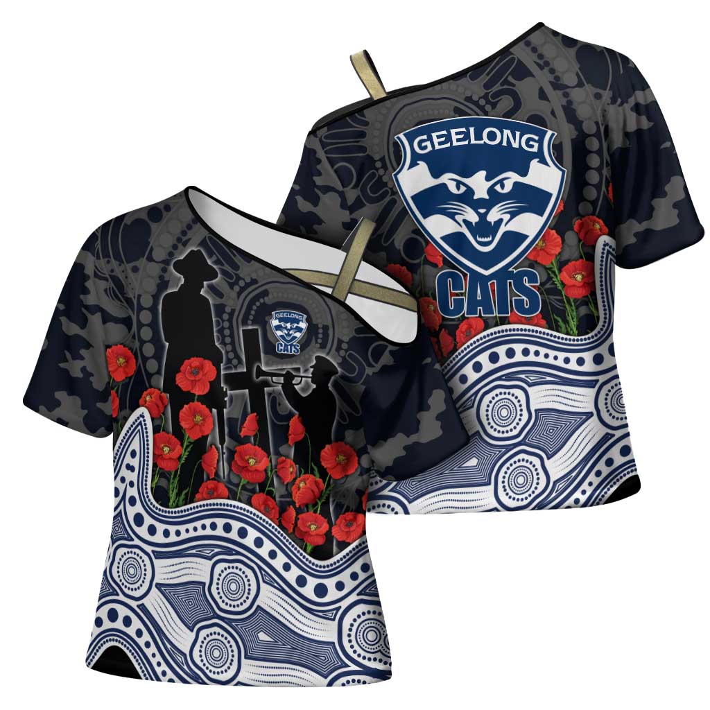 Geelong Cats ANZAC Day Cross Shoulder Shirt Indigenous Dot Art with Poppy Flower Tribute