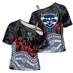 Geelong Cats ANZAC Day Cross Shoulder Shirt Indigenous Dot Art with Poppy Flower Tribute
