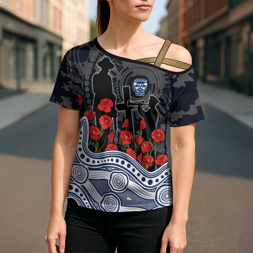 Geelong Cats ANZAC Day Cross Shoulder Shirt Indigenous Dot Art with Poppy Flower Tribute