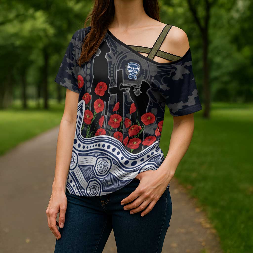 Geelong Cats ANZAC Day Cross Shoulder Shirt Indigenous Dot Art with Poppy Flower Tribute