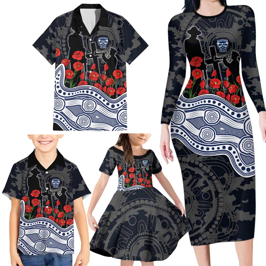 Geelong Cats ANZAC Day Family Matching Long Sleeve Bodycon Dress and Hawaiian Shirt Indigenous Dot Art with Poppy Flower Tribute