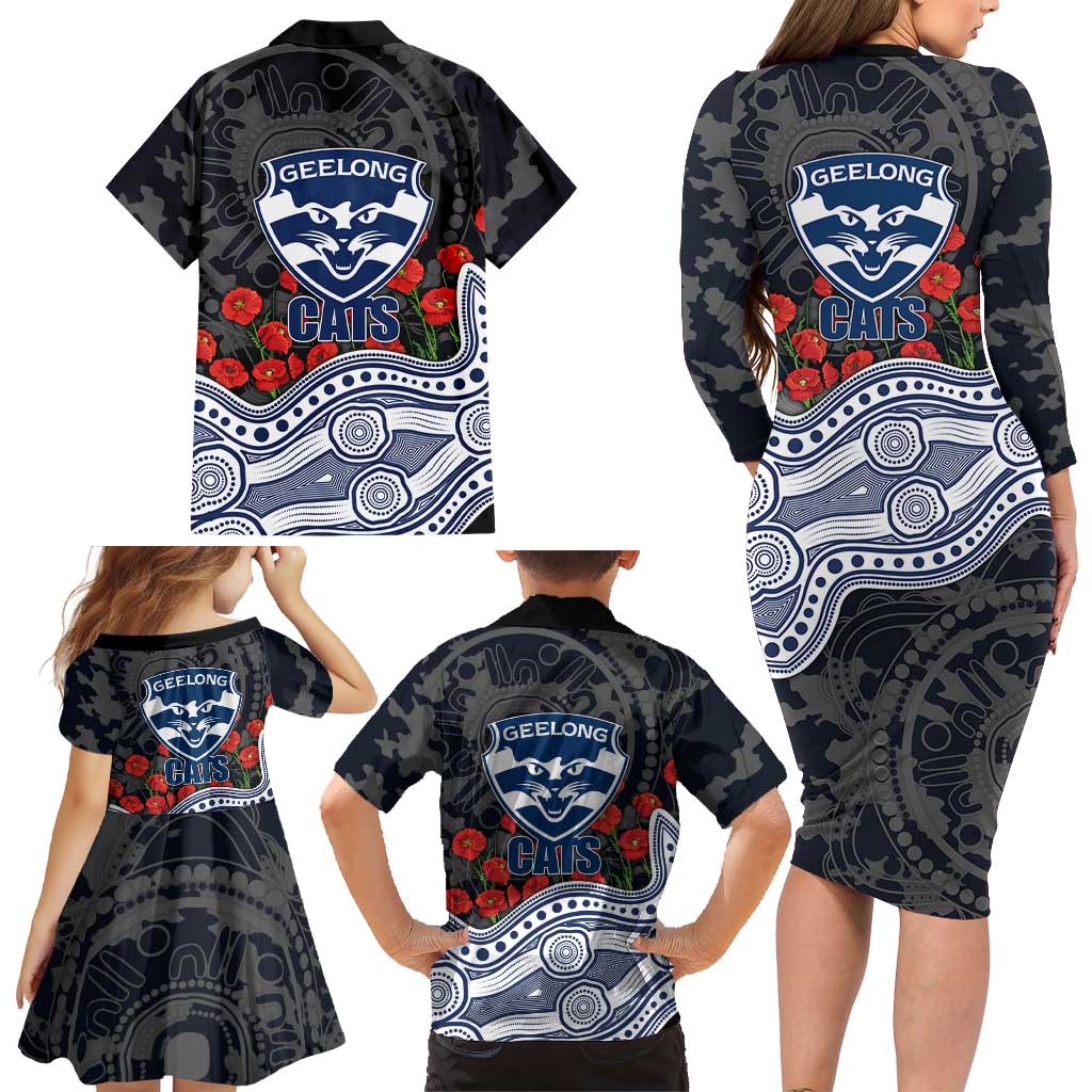 Geelong Cats ANZAC Day Family Matching Long Sleeve Bodycon Dress and Hawaiian Shirt Indigenous Dot Art with Poppy Flower Tribute