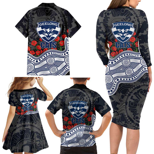 Geelong Cats ANZAC Day Family Matching Long Sleeve Bodycon Dress and Hawaiian Shirt Indigenous Dot Art with Poppy Flower Tribute