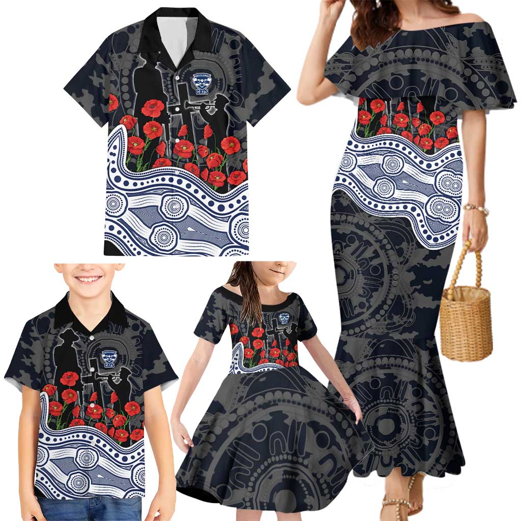 Geelong Cats ANZAC Day Family Matching Mermaid Dress and Hawaiian Shirt Indigenous Dot Art with Poppy Flower Tribute