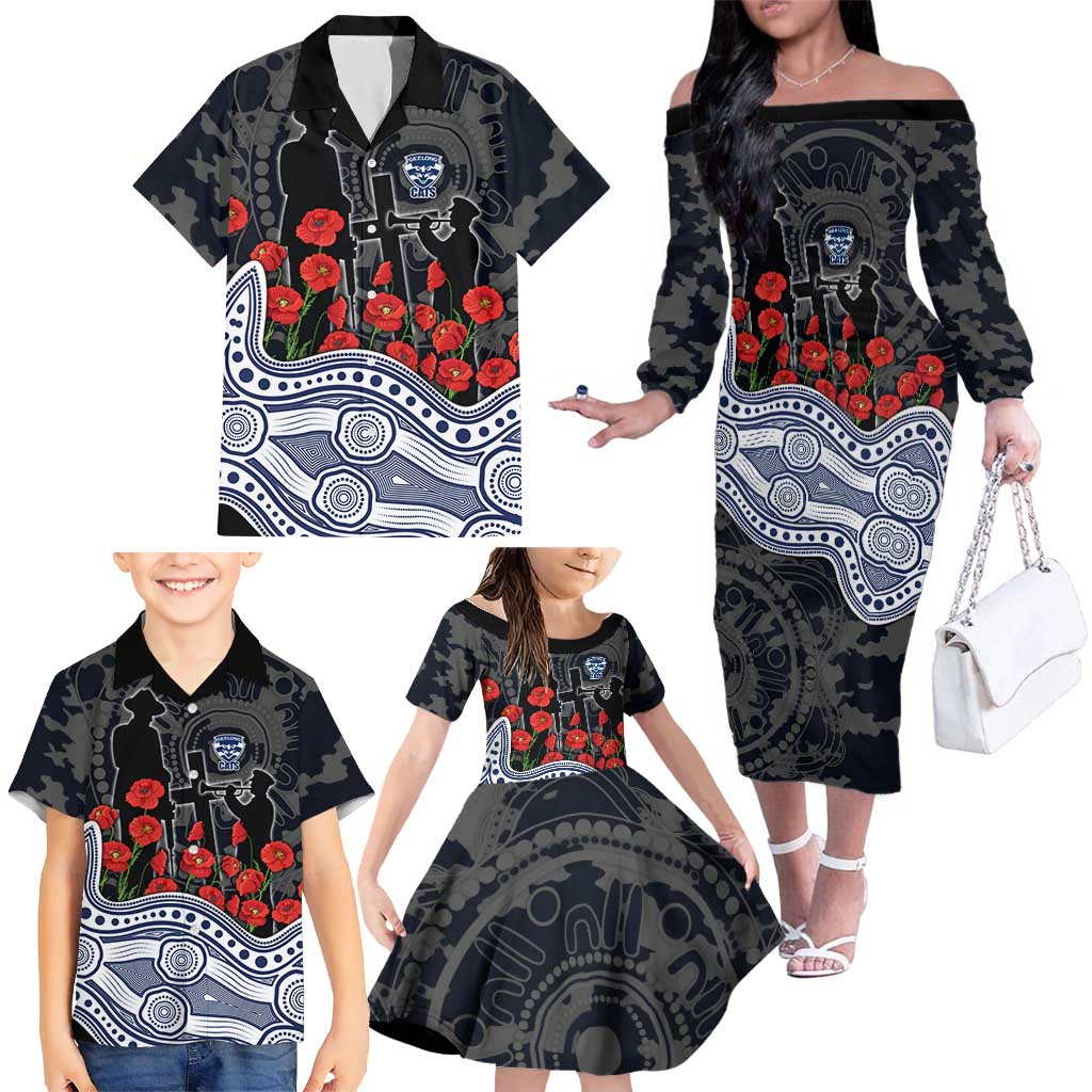 Geelong Cats ANZAC Day Family Matching Off The Shoulder Long Sleeve Dress and Hawaiian Shirt Indigenous Dot Art with Poppy Flower Tribute