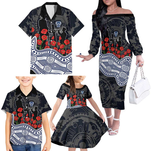 Geelong Cats ANZAC Day Family Matching Off The Shoulder Long Sleeve Dress and Hawaiian Shirt Indigenous Dot Art with Poppy Flower Tribute