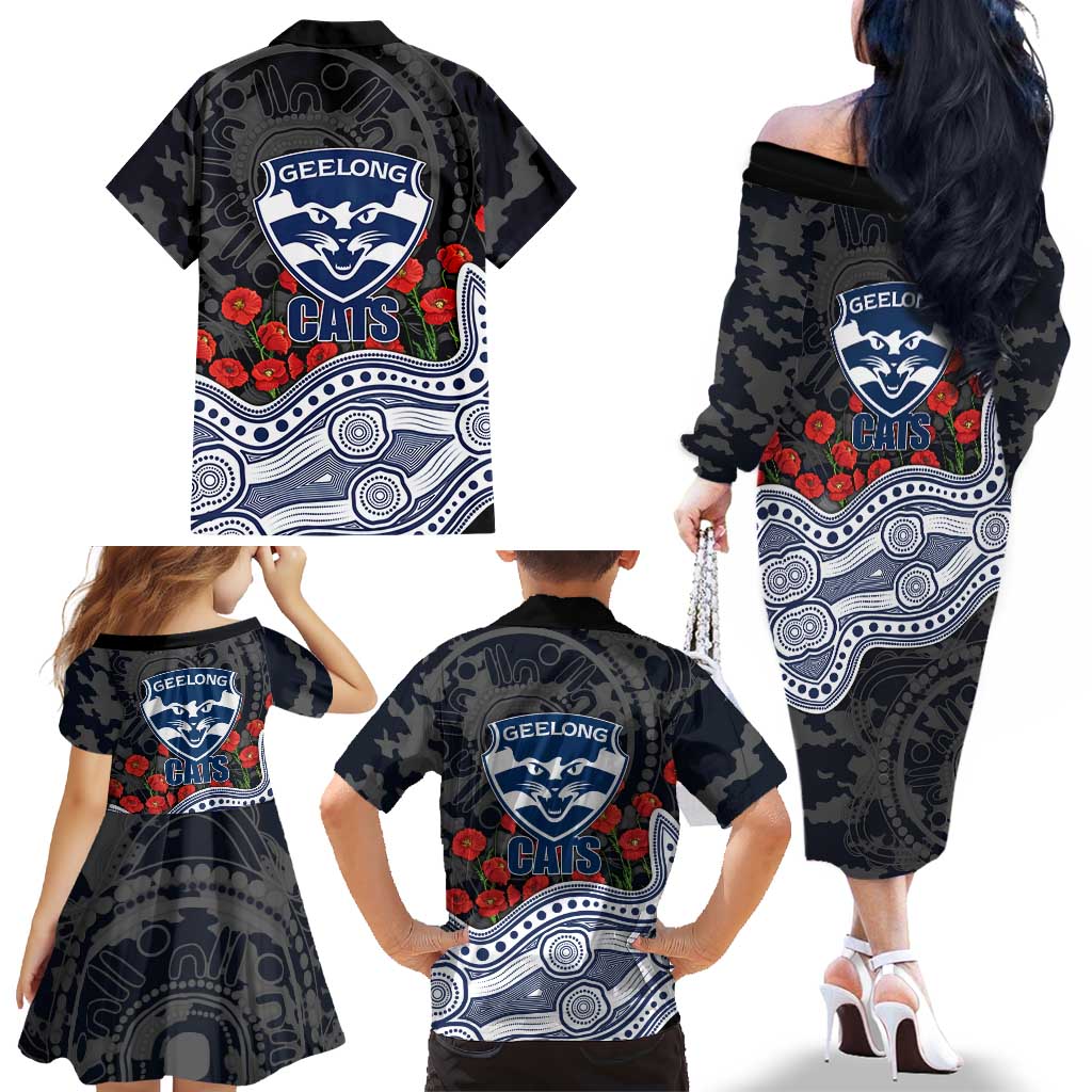 Geelong Cats ANZAC Day Family Matching Off The Shoulder Long Sleeve Dress and Hawaiian Shirt Indigenous Dot Art with Poppy Flower Tribute