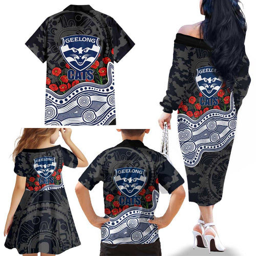 Geelong Cats ANZAC Day Family Matching Off The Shoulder Long Sleeve Dress and Hawaiian Shirt Indigenous Dot Art with Poppy Flower Tribute