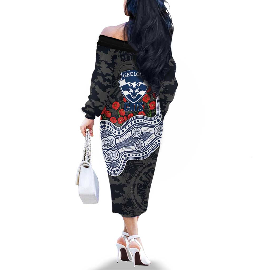 Geelong Cats ANZAC Day Family Matching Off The Shoulder Long Sleeve Dress and Hawaiian Shirt Indigenous Dot Art with Poppy Flower Tribute