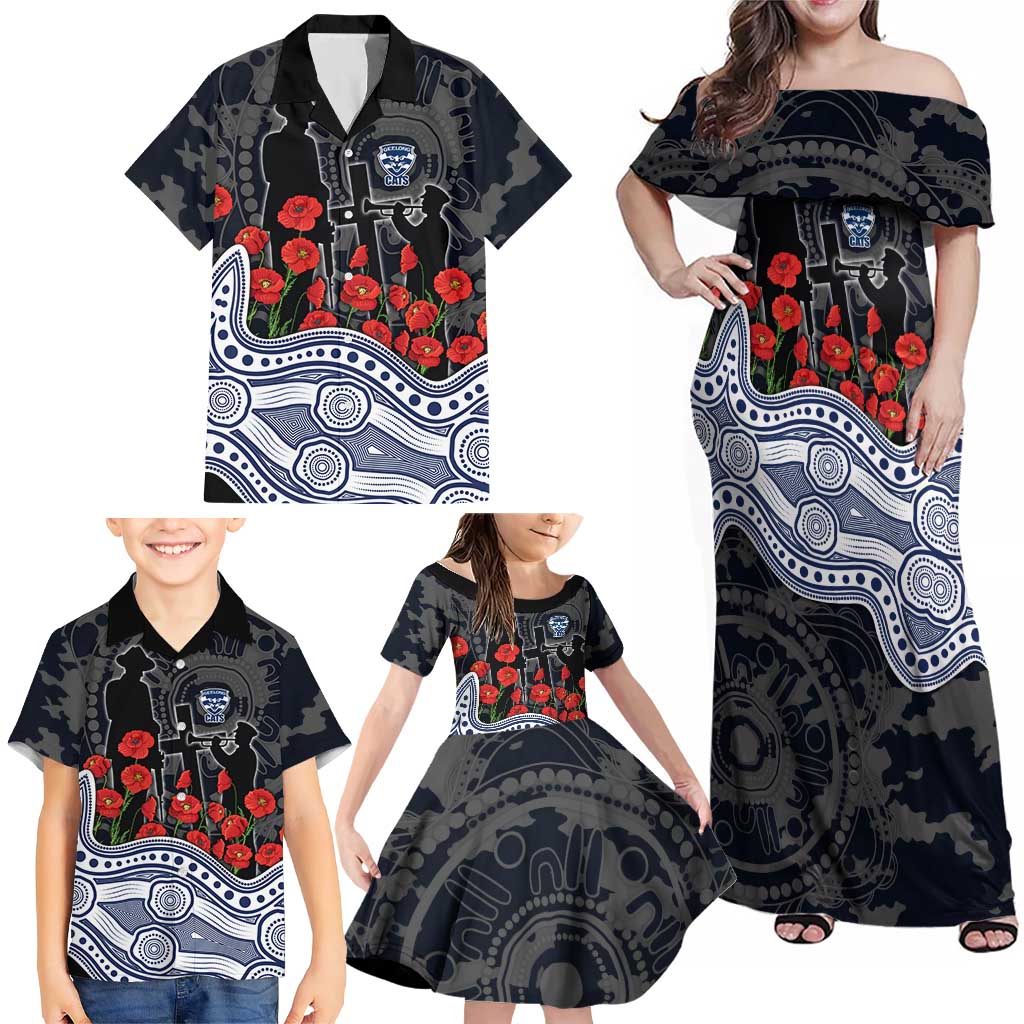 Geelong Cats ANZAC Day Family Matching Off Shoulder Maxi Dress and Hawaiian Shirt Indigenous Dot Art with Poppy Flower Tribute