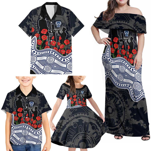 Geelong Cats ANZAC Day Family Matching Off Shoulder Maxi Dress and Hawaiian Shirt Indigenous Dot Art with Poppy Flower Tribute