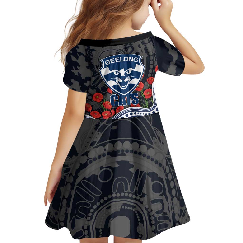 Geelong Cats ANZAC Day Family Matching Off Shoulder Maxi Dress and Hawaiian Shirt Indigenous Dot Art with Poppy Flower Tribute