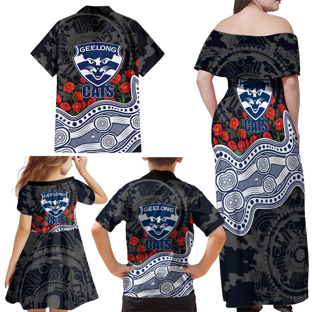 Geelong Cats ANZAC Day Family Matching Off Shoulder Maxi Dress and Hawaiian Shirt Indigenous Dot Art with Poppy Flower Tribute