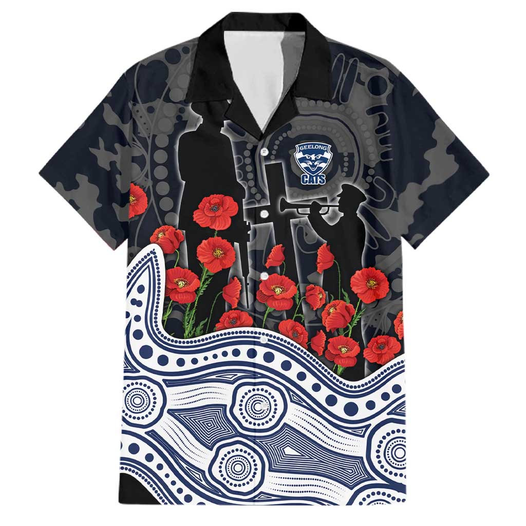 Geelong Cats ANZAC Day Family Matching Off Shoulder Maxi Dress and Hawaiian Shirt Indigenous Dot Art with Poppy Flower Tribute