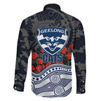 Geelong Cats ANZAC Day Family Matching Off Shoulder Maxi Dress and Hawaiian Shirt Indigenous Dot Art with Poppy Flower Tribute