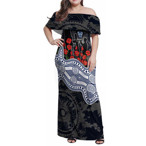 Geelong Cats ANZAC Day Family Matching Off Shoulder Maxi Dress and Hawaiian Shirt Indigenous Dot Art with Poppy Flower Tribute