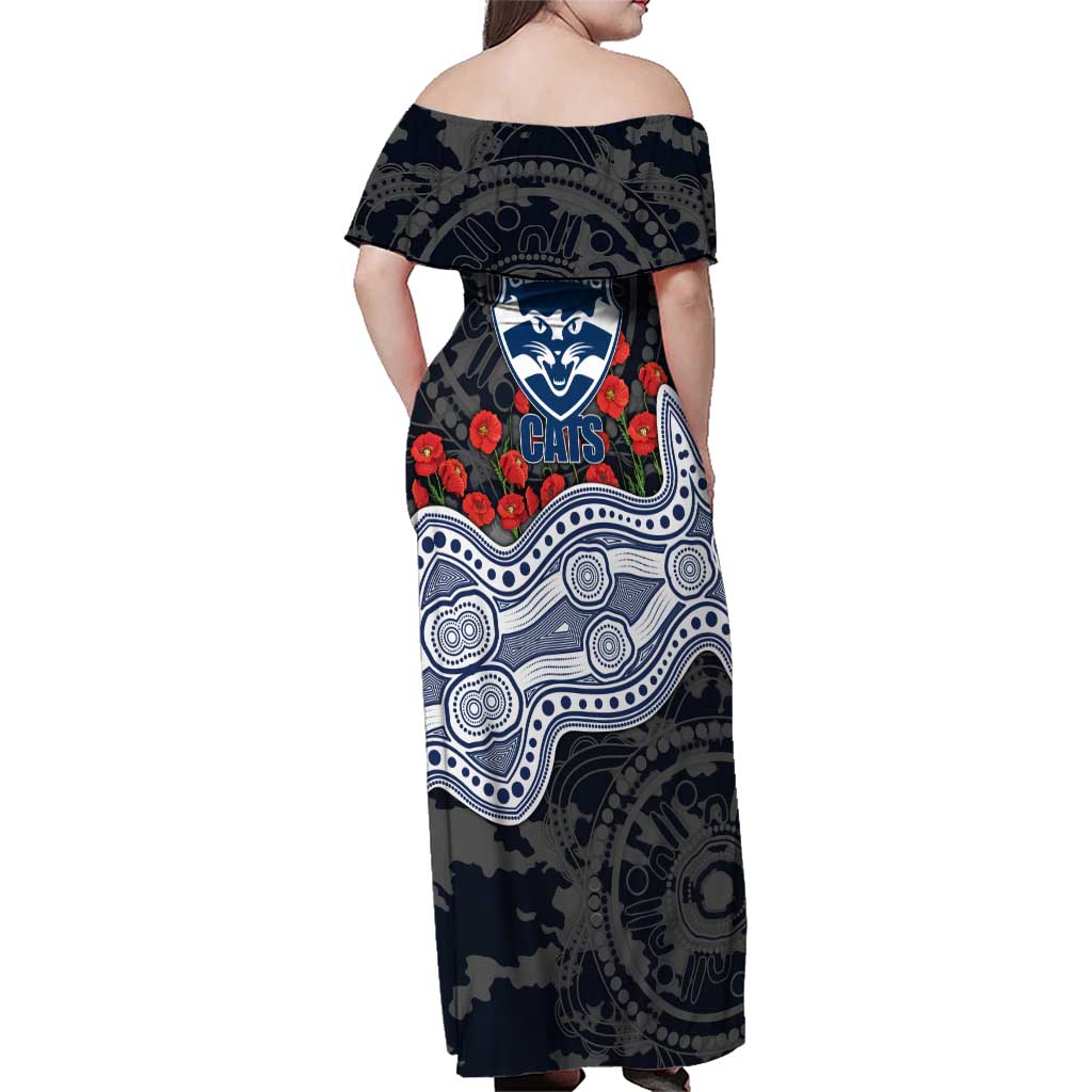Geelong Cats ANZAC Day Family Matching Off Shoulder Maxi Dress and Hawaiian Shirt Indigenous Dot Art with Poppy Flower Tribute