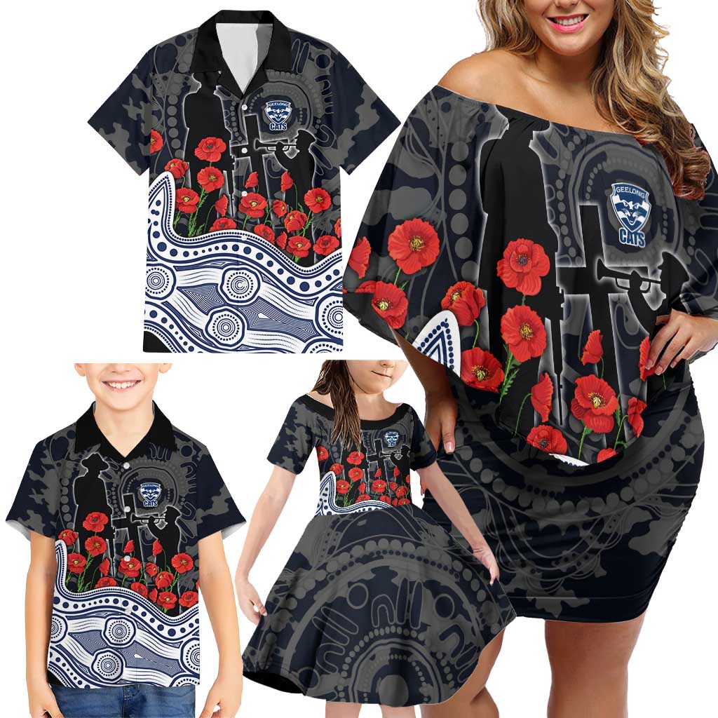 Geelong Cats ANZAC Day Family Matching Off Shoulder Short Dress and Hawaiian Shirt Indigenous Dot Art with Poppy Flower Tribute
