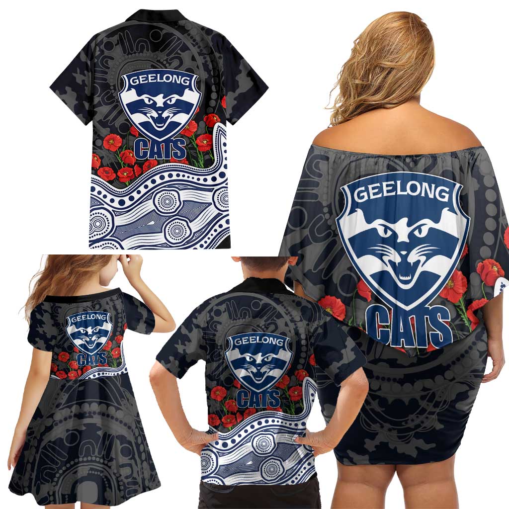 Geelong Cats ANZAC Day Family Matching Off Shoulder Short Dress and Hawaiian Shirt Indigenous Dot Art with Poppy Flower Tribute